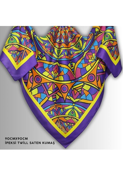 Mor Sarı Eşarp Ipeksi Twill Saten Kumaş Mandala Desenli
