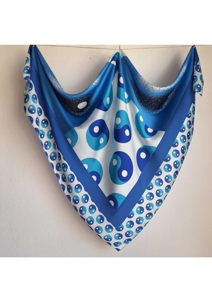İpeksi Şık Mavi Beyaz Eşarp Yin Yang Sembol Desenli fırsatları