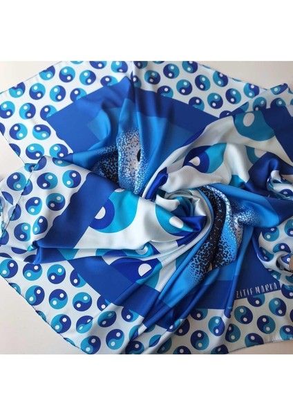İpeksi Şık Mavi Beyaz Eşarp Yin Yang Sembol Desenli indirimleri