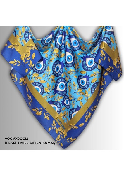 Mavi Yeşil Eşarp Ipeksi Twill Saten Kumaş Nar Nazar Boncuğu Desenli