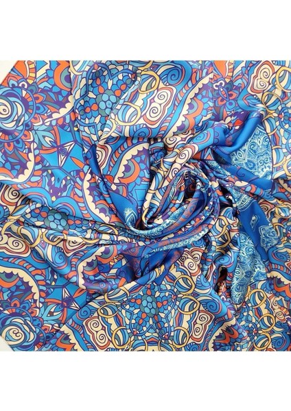 İpeksi Şık Mavi Eşarp Mandala Fil Sembol Desenli Çok Renkli fırsatları