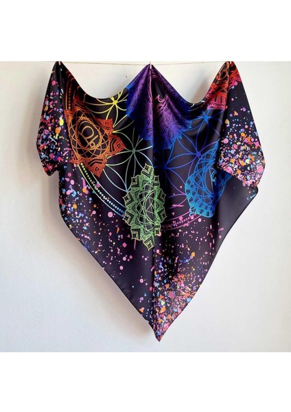 İpeksi Şık Siyah Eşarp Çakra Sembol Desenli Siyah Çok Renkli 105CMX105CM