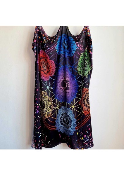 İpeksi Şık Siyah Eşarp Çakra Sembol Desenli Siyah Çok Renkli 105CMX105CM modelleri