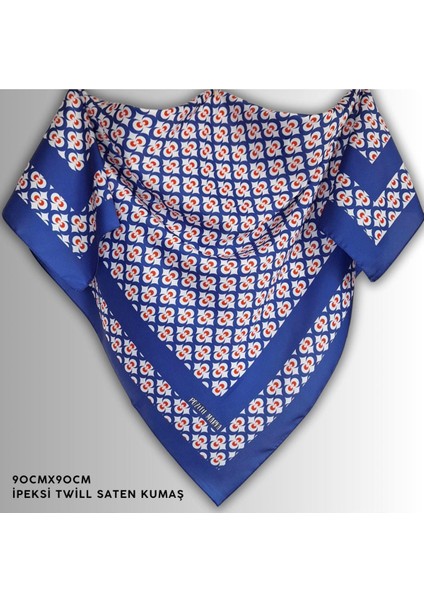 Mavi Eşarp Ipeksi Twill Saten Çintemani Desenli