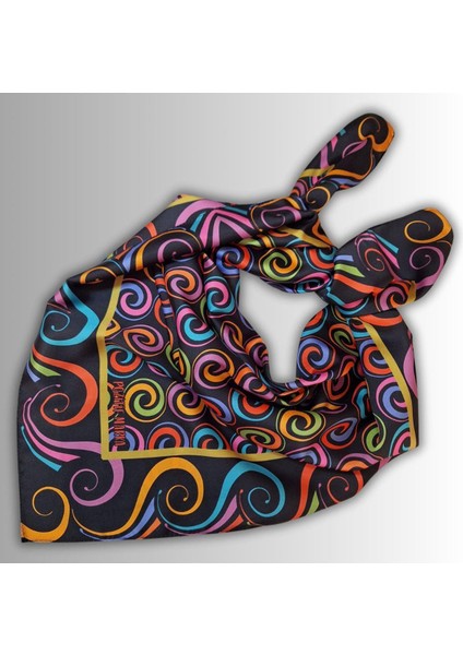 Siyah Eşarp Ipeksi Twill Saten Kumaş Çok Renkli Spiral Desenli modelleri