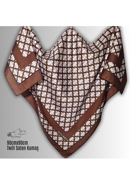 Kahverengi Eşarp Ipeksi Twill Saten Çintemani Desenli