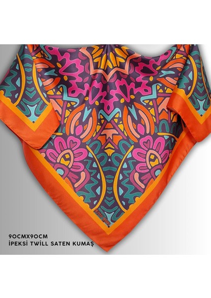 Turuncu Eşarp Ipeksi Twill Saten Kumaş Mandala Desenli 90CMX90CM