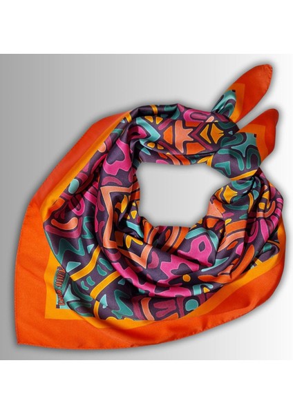 Turuncu Eşarp Ipeksi Twill Saten Kumaş Mandala Desenli 90CMX90CM modelleri