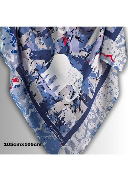 İpeksi Şık Eşarp Gri Fil Desenli Mavi Gri Beyaz