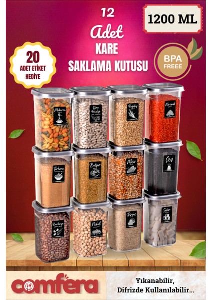 Gri Kare Saklama Kabı Seti 12'li 24 Parça, Erzak ve Bakliyat Için Uygun