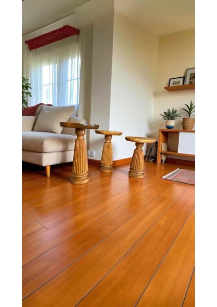 Doğal Ahşap Zigon Sehpa Takımı – 3’lü Tik Renk Mantar Model Yan Sehpa