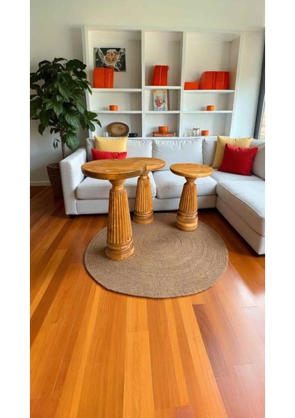 Doğal Ahşap Zigon Sehpa Takımı – 3’lü Tik Renk Mantar Model Yan Sehpa fiyatları