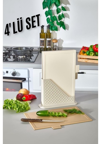 4 Parça Standlı Kesim Tahtası Seti, Ekmek ve Sebze Kesimi, Büyük Boy, Krem Bej