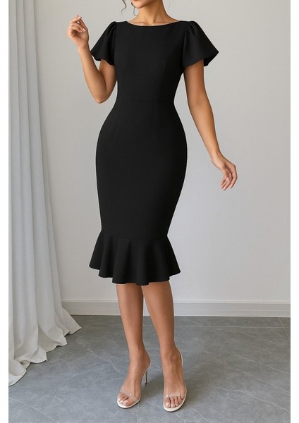 Kadın Kısa Kollu Yuvarlak Yaka Pileli Janjan Krep Elbise L-Xl-Siyah