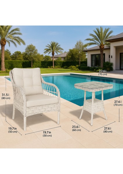 Beyaz Wintech Rattan Bahçe Balkon Teras Oturma Seti – 2 Kişilik, Cam Masalı, Alüminyum İskeletli, Su Geçirmez Minderli, UV Dayanımlı modelleri