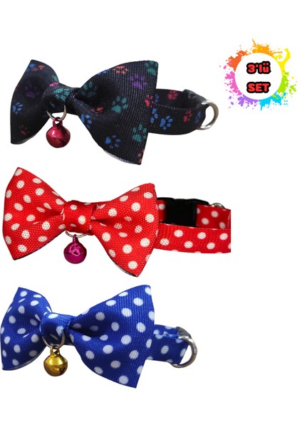 Papyonlu Kedi Boyun Tasmas 3 Lü Set Papyonlu Zilli 17-30 cm Ayarlanabilir Kedi Papyon Fiyonk