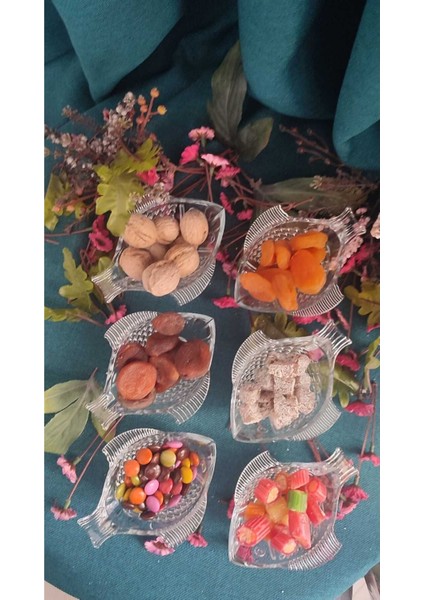 Cam Balık Görünümlü 6'lı Çerez Lokum Sunum Seti, Modern Tasarım, 140 Cc, 13X10 Cm, 6 cm Yükseklik