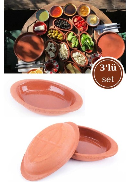 3'lü Sırlı Mini Oval Toprak Kase Seti, Çok Amaçlı Servis ve Sürme Kase, Kahverengi