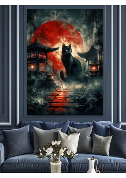 Kırmızı Ay Altında Sevimli Kedi Dekoratif Kanvas ve Ahşap Tablo fiyatları