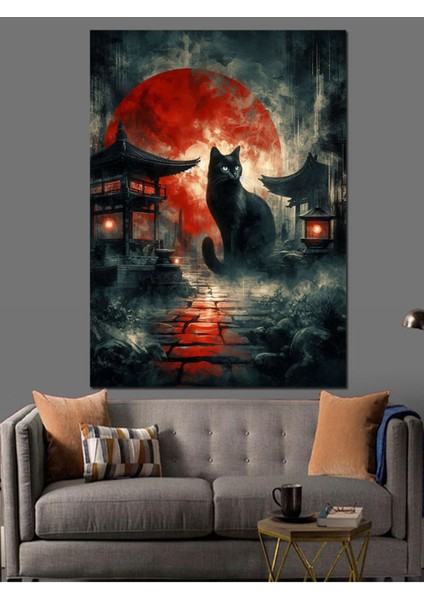 Kırmızı Ay Altında Sevimli Kedi Dekoratif Kanvas ve Ahşap Tablo fırsatları