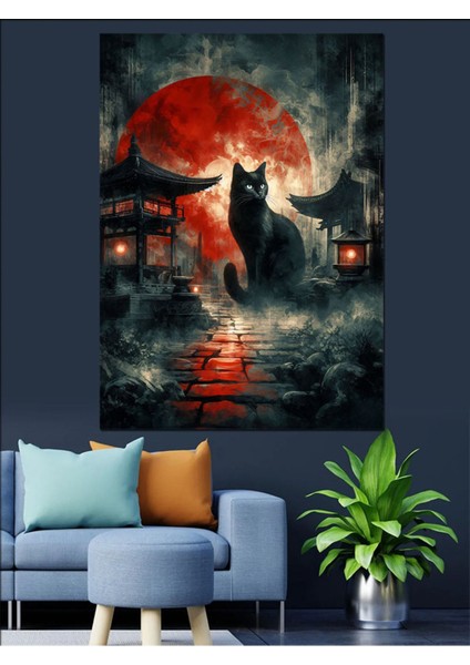 Kırmızı Ay Altında Sevimli Kedi Dekoratif Kanvas ve Ahşap Tablo indirimleri