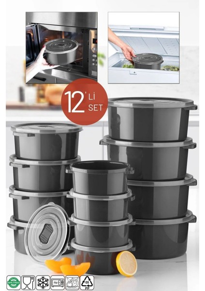 12'li Yuvarlak Saklama Kabı Seti, Mikrodalga ve Difriz Için Antrasit Renk