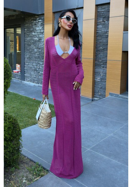 Elara Kadın Beachwear V Yaka Ajurlu Triko Mürdüm Plaj Elbise – Şık Yazlık Tasarım