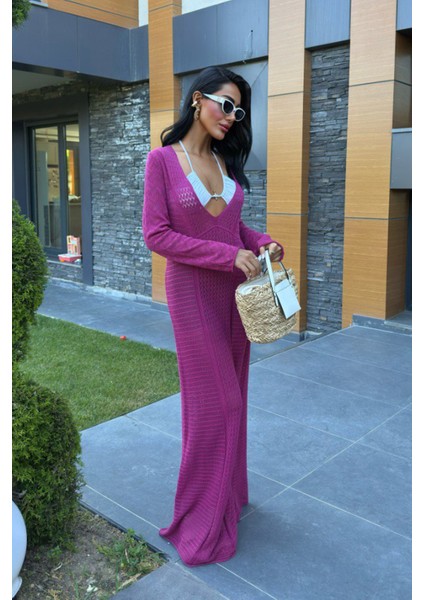 Elara Kadın Beachwear V Yaka Ajurlu Triko Mürdüm Plaj Elbise – Şık Yazlık Tasarım fiyatları