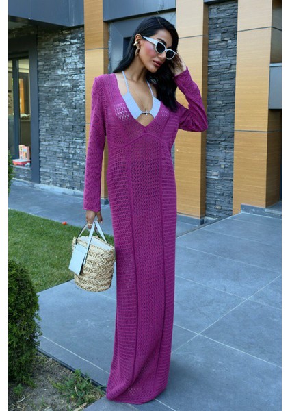 Elara Kadın Beachwear V Yaka Ajurlu Triko Mürdüm Plaj Elbise – Şık Yazlık Tasarım modelleri