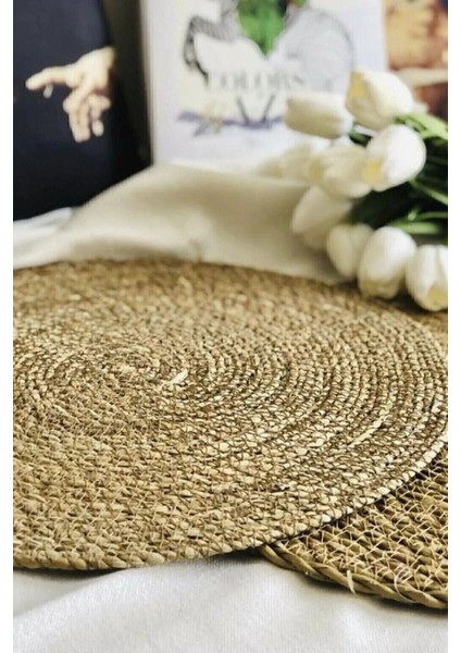 Bej Hasır Jüt Supla 6'lı Set, Amerikan Servis, 35 cm Çap, Şık ve Doğal Görünüm