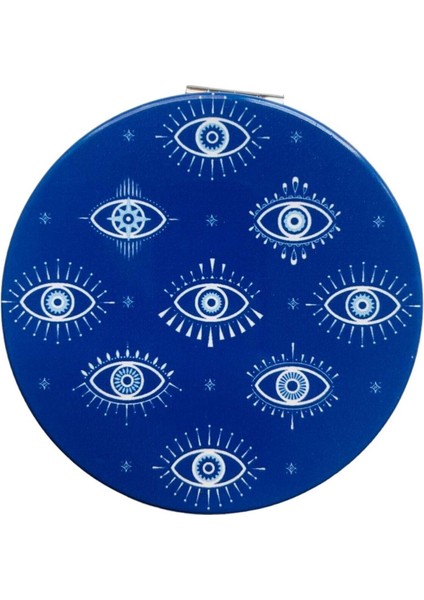 Şık Desenli Taşlı Çift Taraflı Yuvarlak Makyaj Aynası 7 cm Mavi
