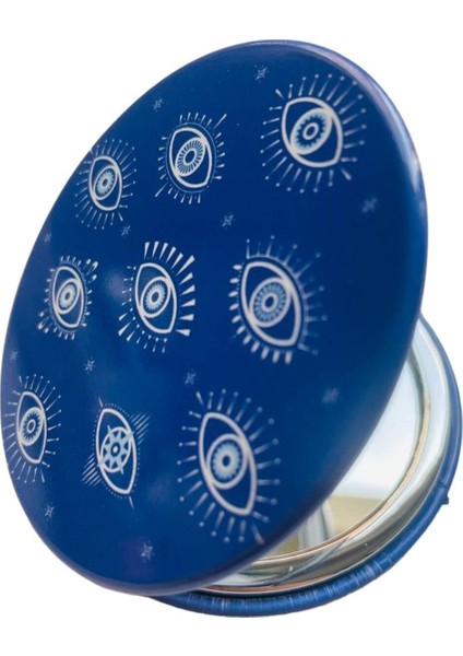 Şık Desenli Taşlı Çift Taraflı Yuvarlak Makyaj Aynası 7 cm Mavi modelleri
