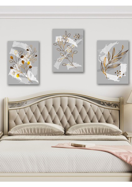 Minimalist Altın Detaylı ve Renkli Bitki Temalı 3lü Dekoratif Tablo Seti fiyatları