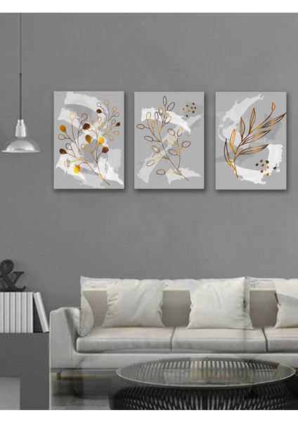 Minimalist Altın Detaylı ve Renkli Bitki Temalı 3lü Dekoratif Tablo Seti modelleri