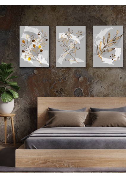 Minimalist Altın Detaylı ve Renkli Bitki Temalı 3lü Dekoratif Tablo Seti fırsatları