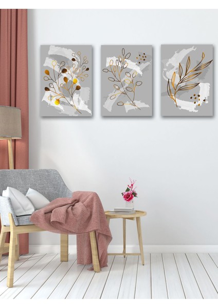 Minimalist Altın Detaylı ve Renkli Bitki Temalı 3lü Dekoratif Tablo Seti indirimleri