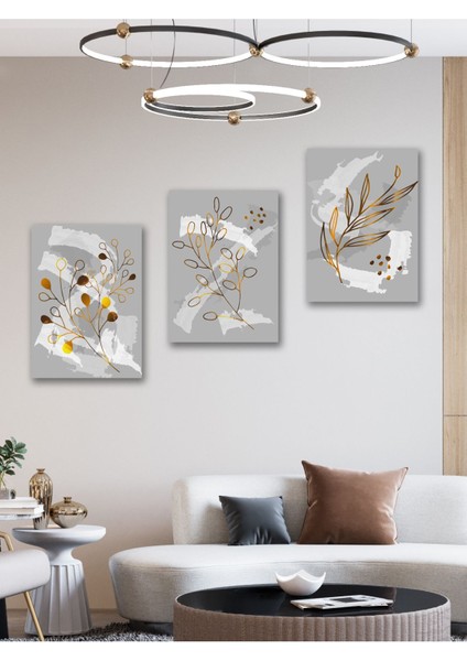Minimalist Altın Detaylı ve Renkli Bitki Temalı 3lü Dekoratif Tablo Seti