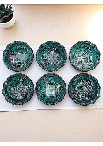 Istanbul'un 6 Simgesiyle, Kabartmalı Turkuaz 6'lı Kase Seti