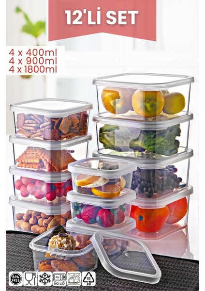 12'li Kare Çok Amaçlı Saklama Kabı Seti, Beyaz, Pratik ve Şık Organize Çözümü