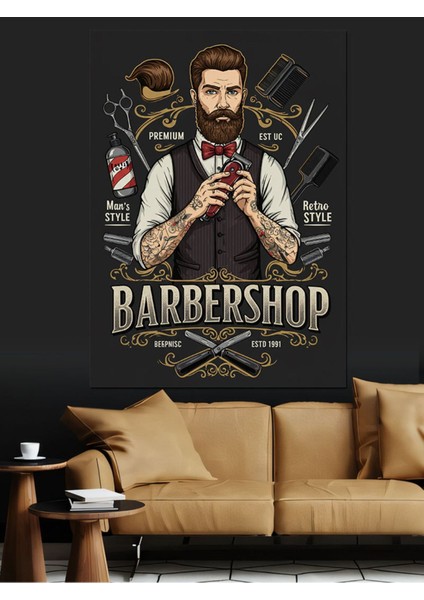 Retro Berber Posteri Kanvas Tablo, Renkli ve Dekoratif Ahşap ve Mdf Seçeneği