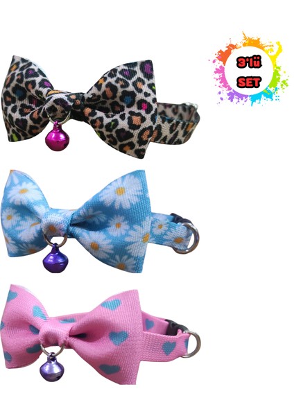 Papyonlu Kedi Boyun Tasmas 3 Lü Set Papyonlu Zilli 17-30 cm Ayarlanabilir Kedi Papyon Fiyonk