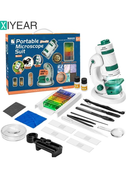 Mikroskop Kiti 60-180X Büyütme Mini El Dijital Çocuk Mikroskobu 21PARÇA Eğitici Set LED Işık modelleri