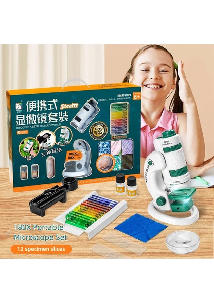 Mikroskop Kiti 60-180X Büyütme Mini El Dijital Çocuk Mikroskobu 21PARÇA Eğitici Set LED Işık indirimleri