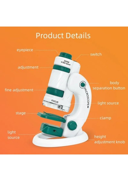 Mikroskop Kiti 60-180X Büyütme Mini El Dijital Çocuk Mikroskobu 21PARÇA Eğitici Set LED Işık