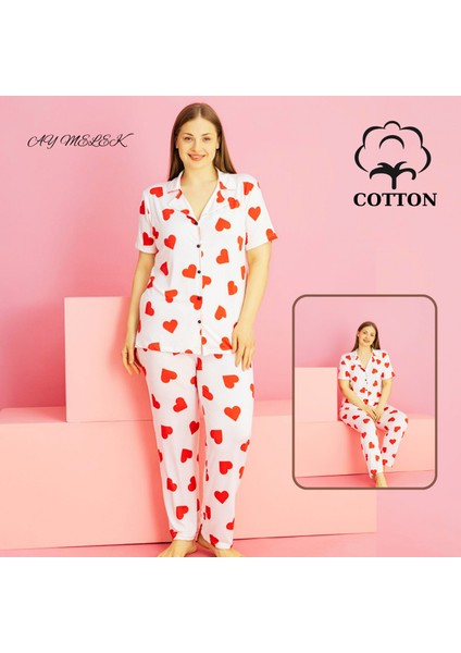 Ay Melek Kadın Pijama Takımı Pamuklu Geniş Beden Gömlek ve Pijama Seti (Battal Boy)