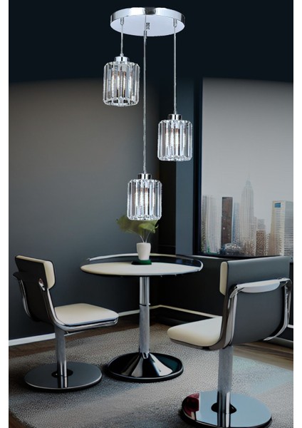 Krom Renk Kristal Taşlı Üçlü Sarkıt Avize, Dekoratif ve Şık Işıklandırma Parçası