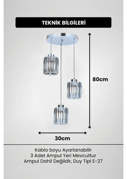 Krom Renk Kristal Taşlı Üçlü Sarkıt Avize, Dekoratif ve Şık Işıklandırma Parçası fırsatları