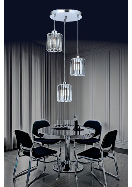 Krom Renk Kristal Taşlı Üçlü Sarkıt Avize, Dekoratif ve Şık Işıklandırma Parçası indirimleri