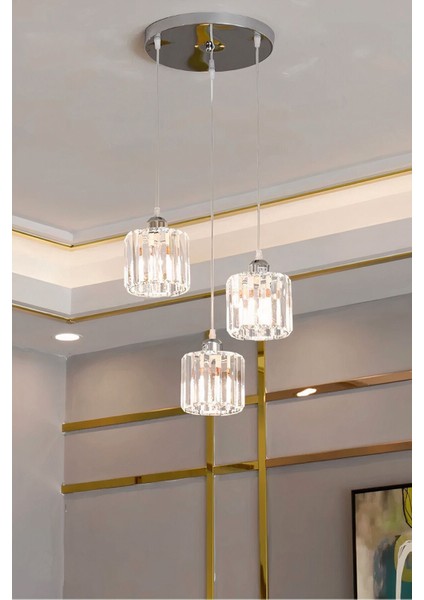 Krom Renk Kristal Taşlı Üçlü Sarkıt Avize, Dekoratif ve Şık Işıklandırma Parçası