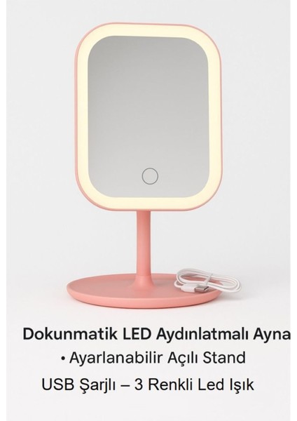 3 Renk Dokunmatik Led'li Taşınabilir Şarjlı Işıklı Makyaj Aynası